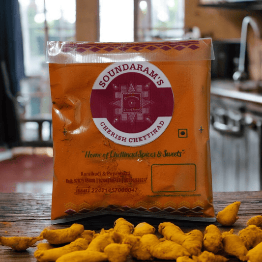 Manjal Thool - Organic Turmeric Powder (200g) (மஞ்சள் தூள் - சுத்தமான கைமுறை தயாரிப்பு) - Soundaram's Chettinad Sweets & Snacks